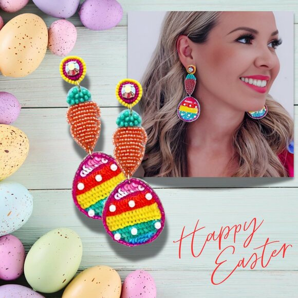 Happy Easter NEW Carrot & Egg Dangle Beaded Pearl Crystal Holiday Gift Earrings - Picture 1 of 5